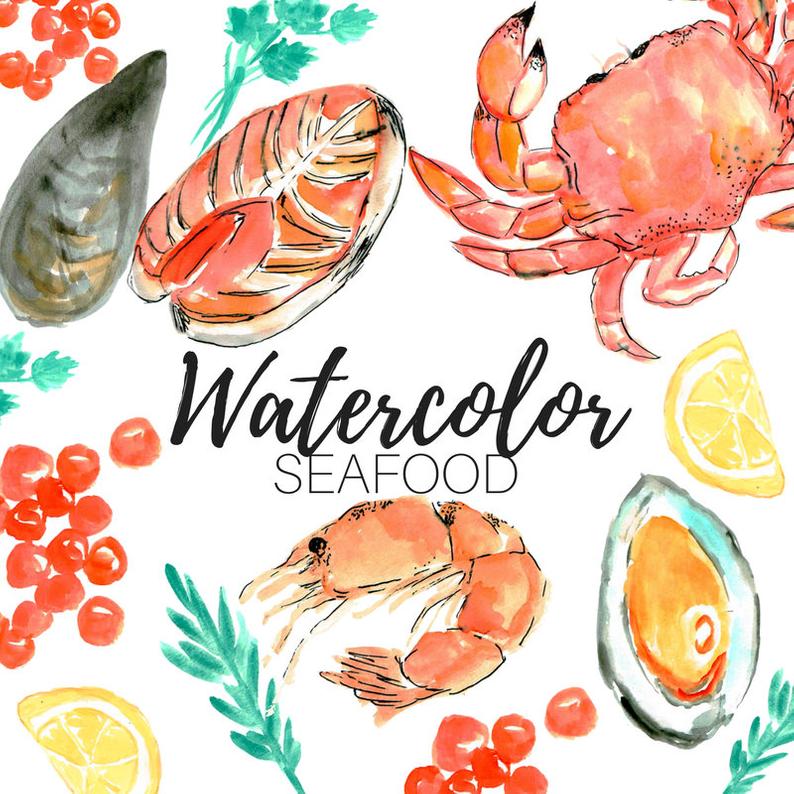 Watercolor clip art food. Seafood clipart nautical
