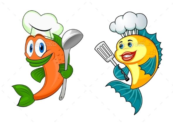 Cartoon fish characters dise. Seafood clipart seafood chef