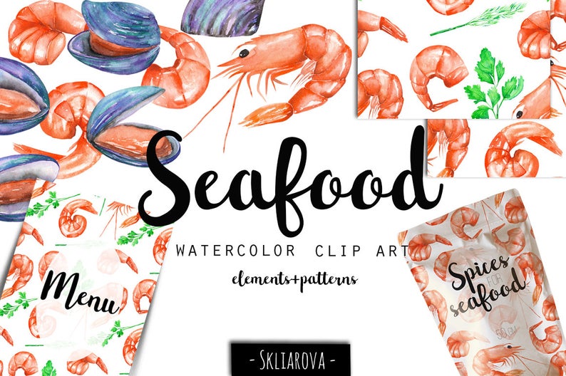 Watercolor clip art watercolour. Seafood clipart seafood menu