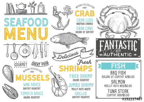 Restaurant vector food flyer. Seafood clipart seafood menu