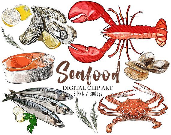 Seafood clipart seafood menu. Clip art digital set