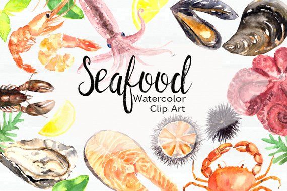 Seafood clipart seafood restaurant. Watercolor clip art set