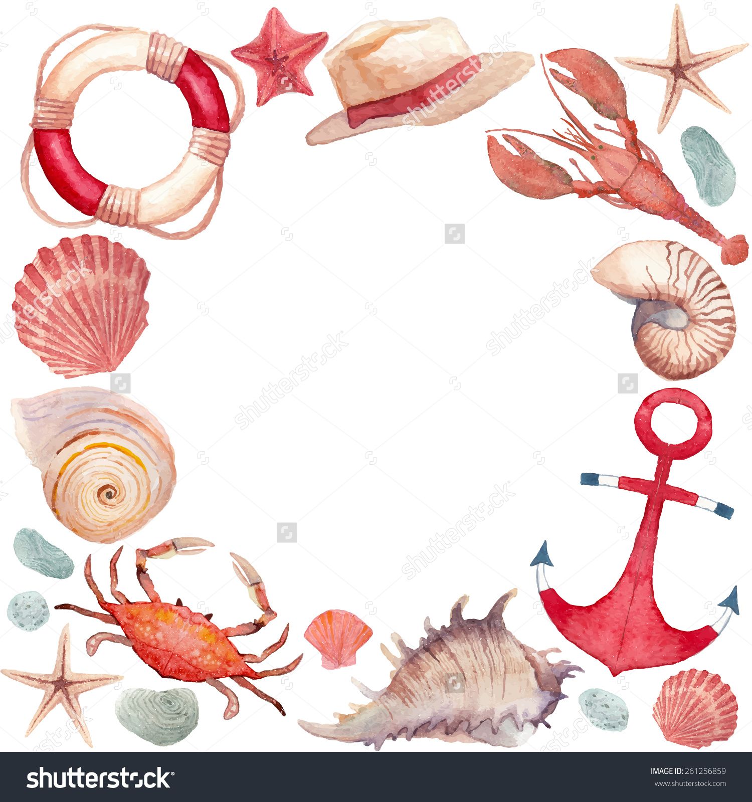 Seashells clipart 6 object. Watercolor marine frame round