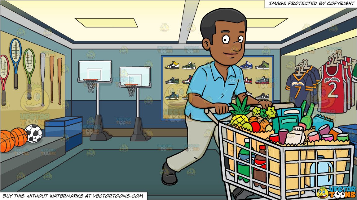 A black man smiles. Shop clipart sporting goods store