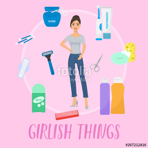Girlish things banner vector. Showering clipart personal care