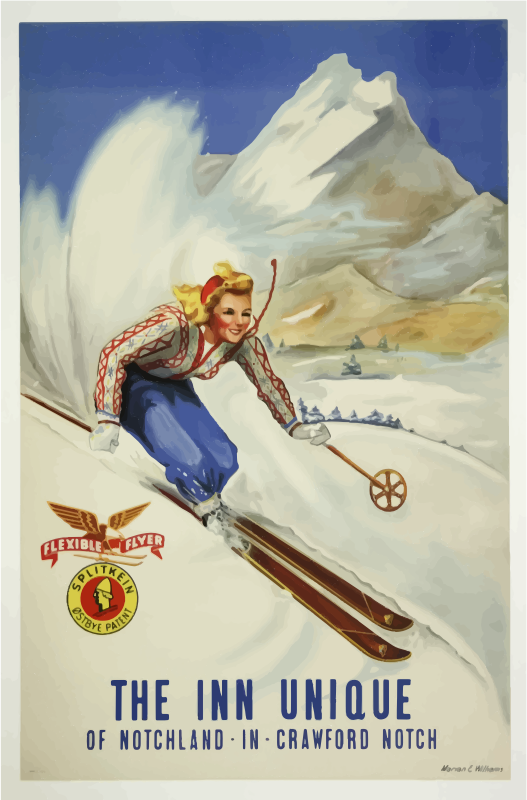 Vintage background poster art. Skiing clipart retro
