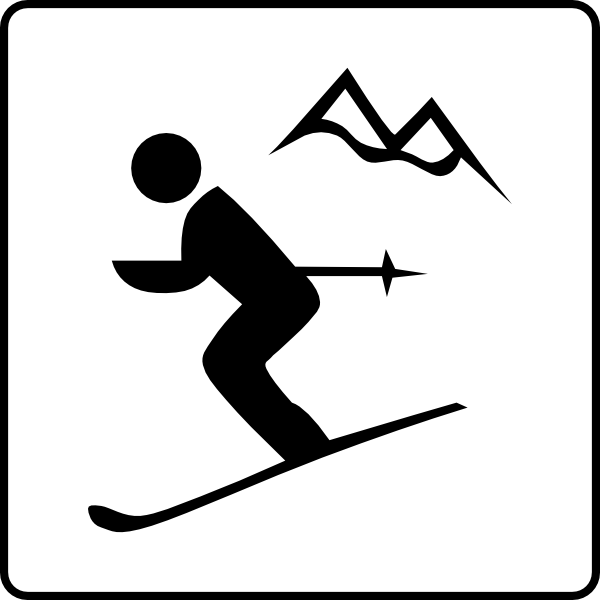 Hotel icon near area. Skis clipart ski hill