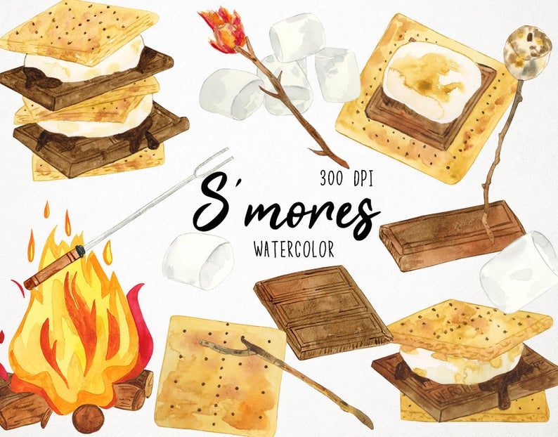 Camping campfire watercolor smore. Smores clipart camp food