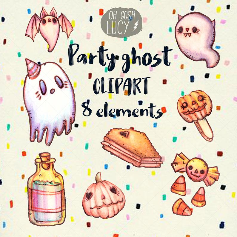 Watecolor ghost handmade party. Spooky clipart colorful