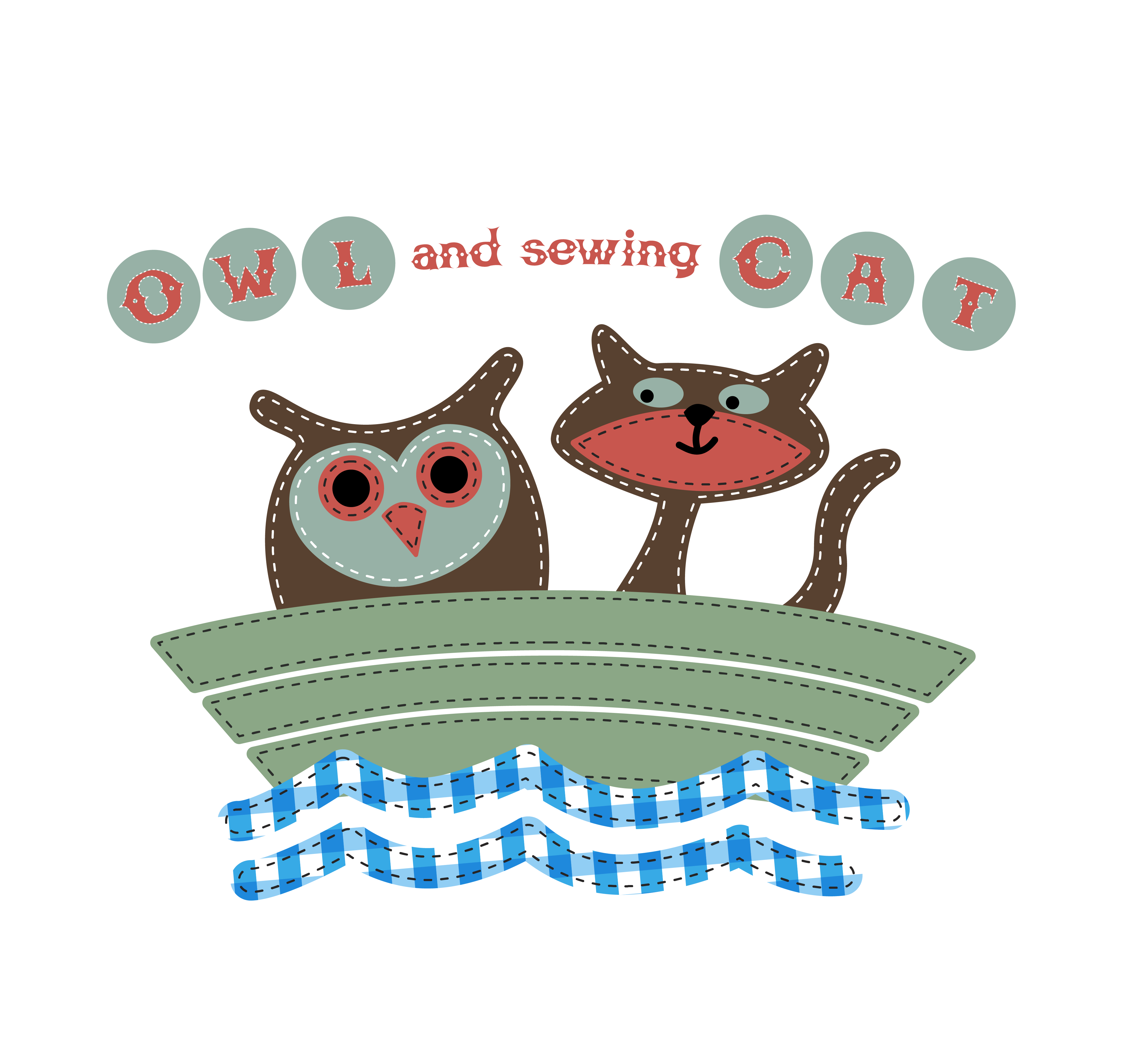 Owl and sewing cat. Stitch clipart hemming