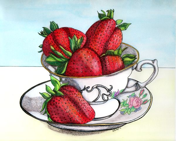 Strawberries clipart strawberry tea. Watercolor ink illustration by