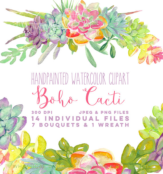 Boho cacti watercolor southwest. Succulent clipart bohemian