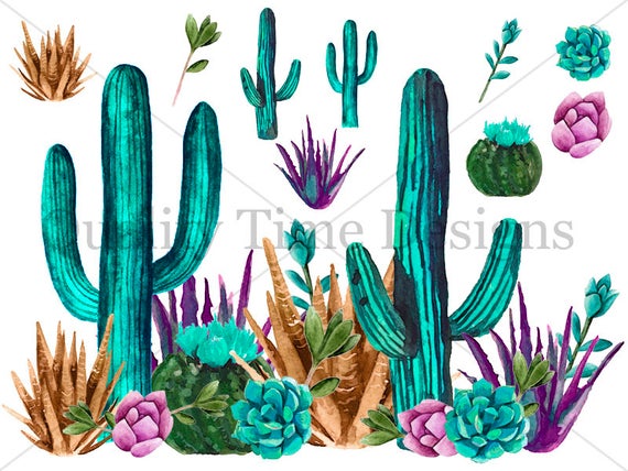 Succulent clipart boho. Cactus western pack blue