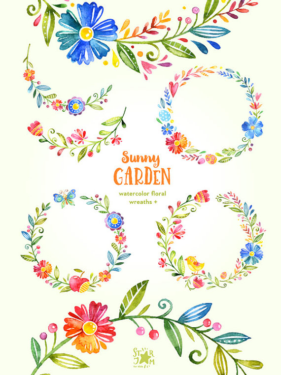Wreaths watercolor flowers . Sunny clipart sunny garden