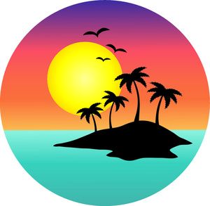 Tropical scene with palm. Sunset clipart