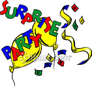 Party sign with confetti. Surprise clipart