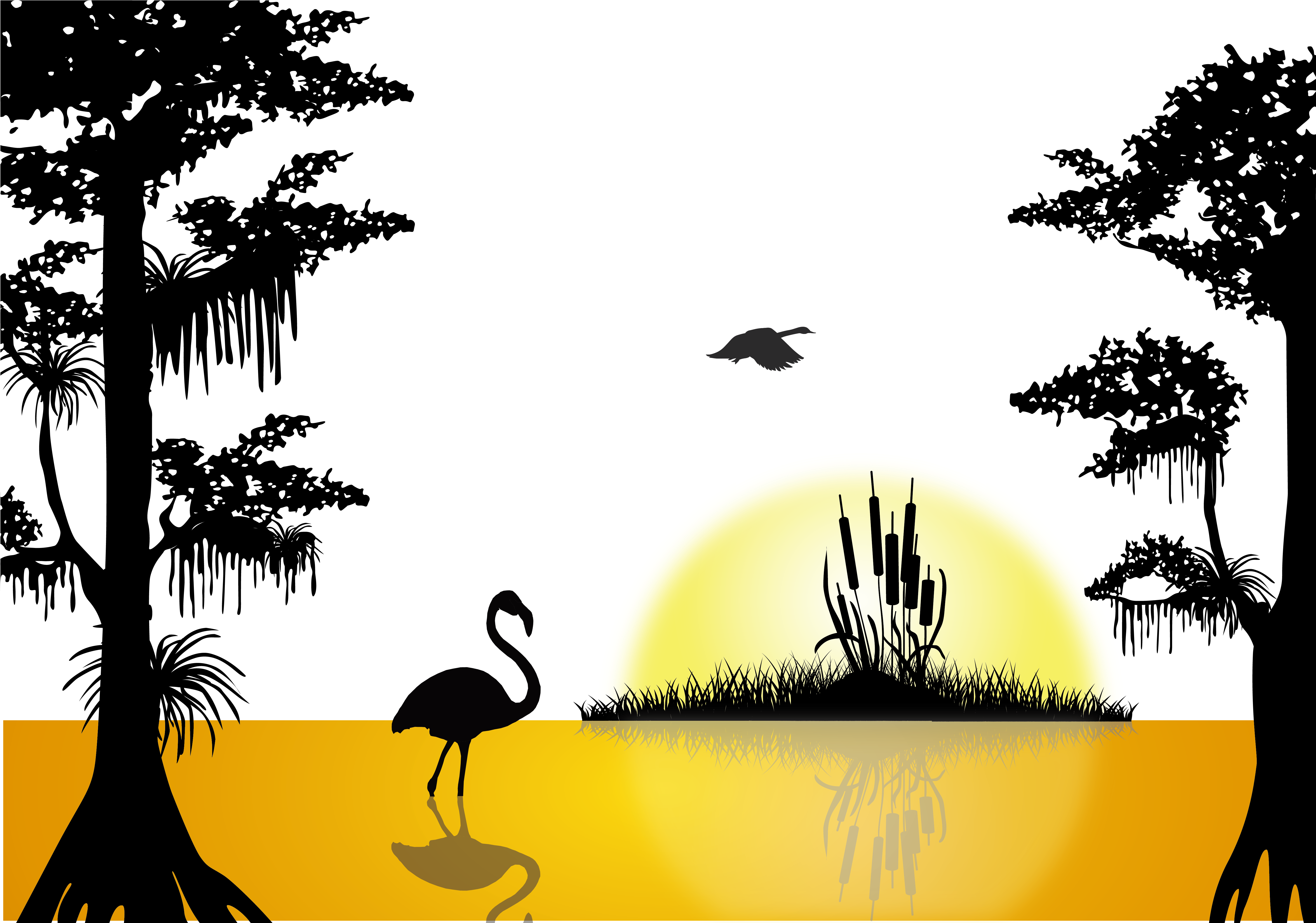 Sunset silhouette transparent . Swamp clipart lake