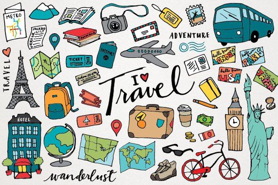 Traveling clipart travel sticker. Hand drawn illustrations digital