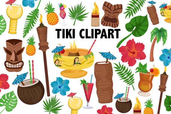 Tropical cocktail bar icons. Tiki clipart coconut cup