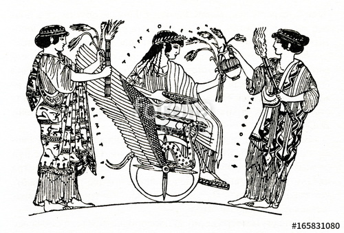 Triptolemus siting in chariot. Torch clipart persephone