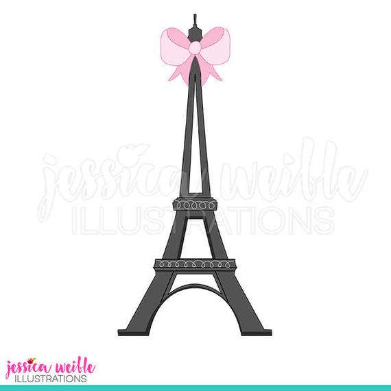 Eiffel with bow digital. Tower clipart cute