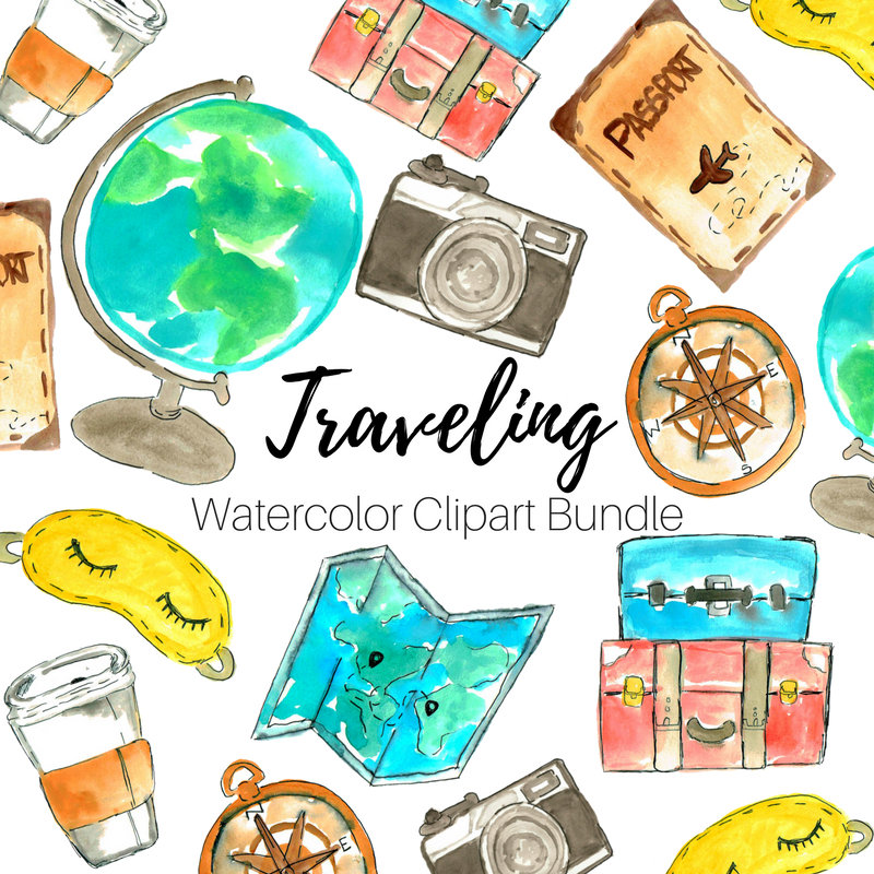 Traveling clipart travel themed. Clip art watercolor hand