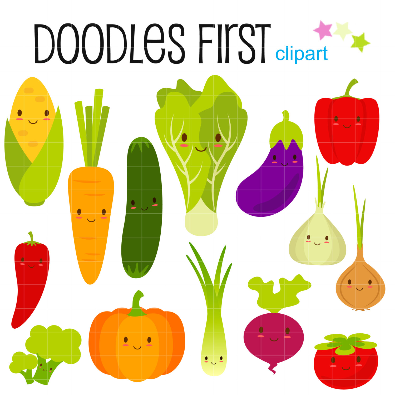 Veggies clipart. Happy cute vegetables digital