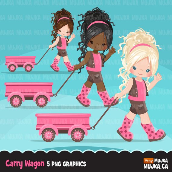 Little girl cute characters. Wagon clipart pink