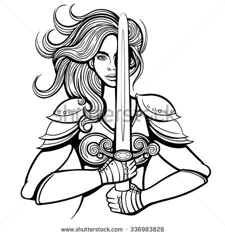 Warrior clipart black and white. Vector woman illustration stock
