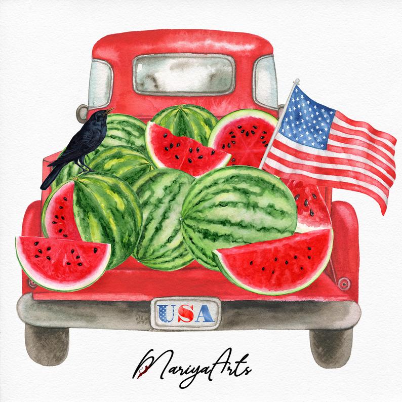 Red truck watercolor summer. Watermelon clipart vintage