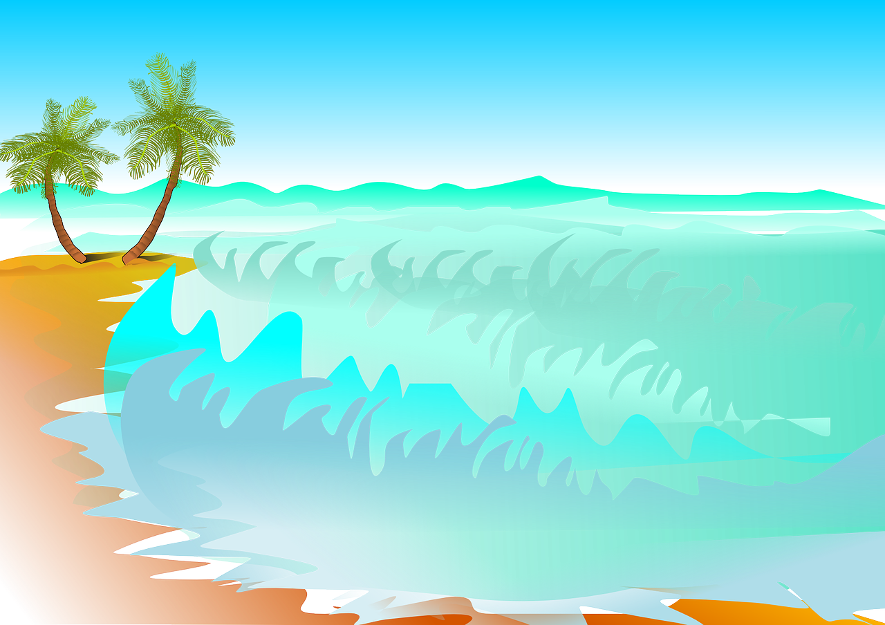Vacation trees beach ocean. Waves clipart palm tree
