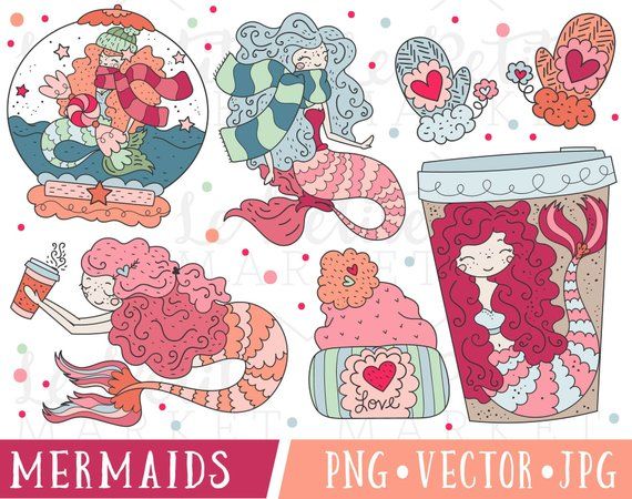 Win clipart cute. Mermaid set valentine 
