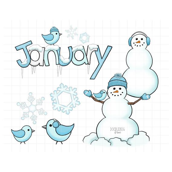 January digital planner stickers. Winter clipart calendar