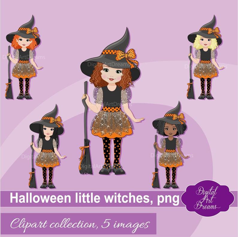Halloween cute little girls. Witch clipart clothes