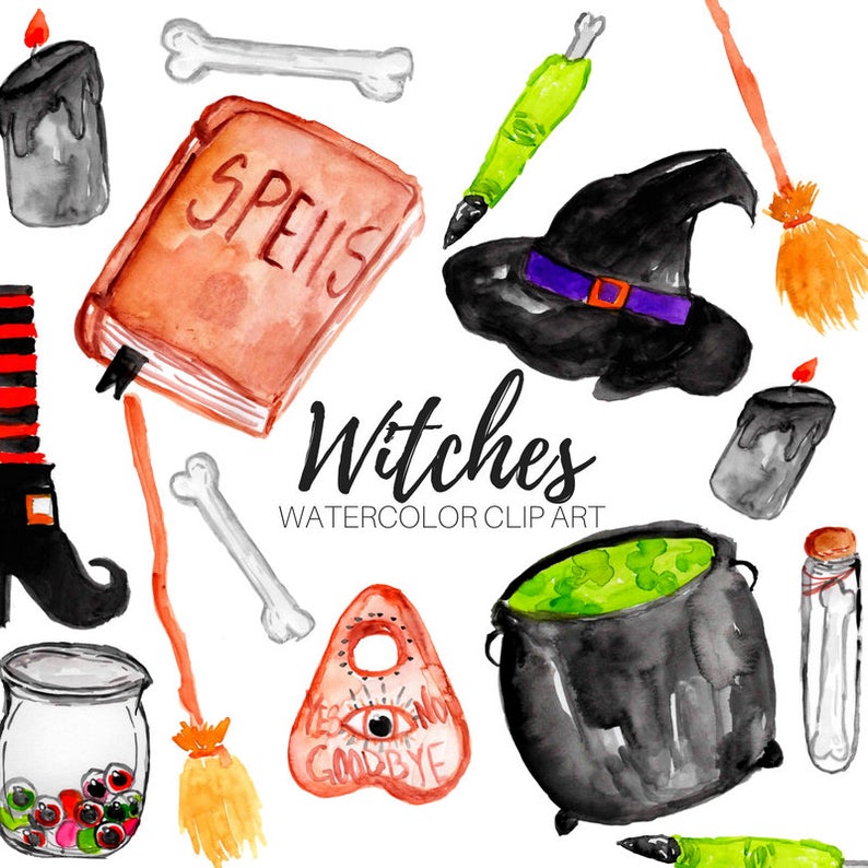 Witch clipart creepy. Halloween watercolor witches brew