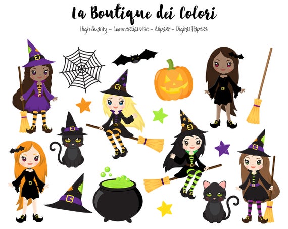 Halloween witches cute digital. Witch clipart spooky witch