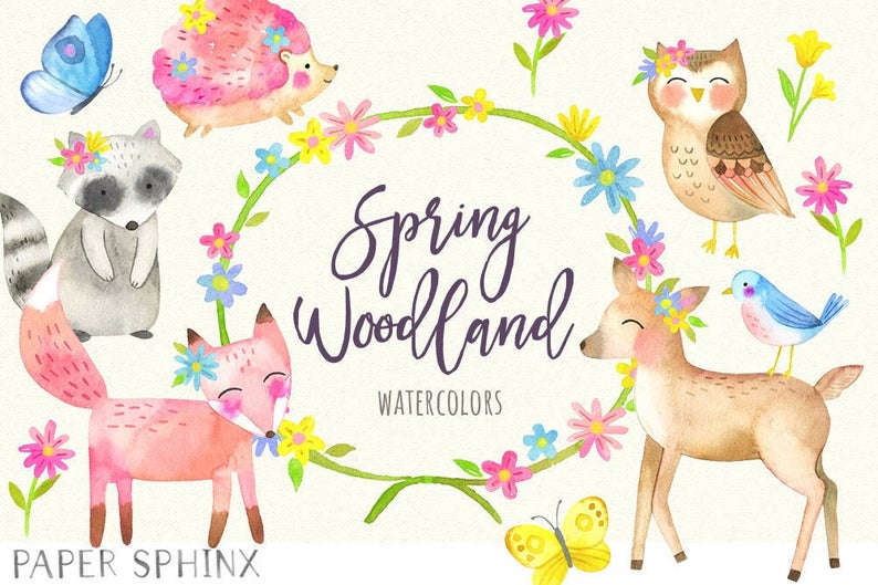 Woodland clipart floral. Watercolor spring animals fox