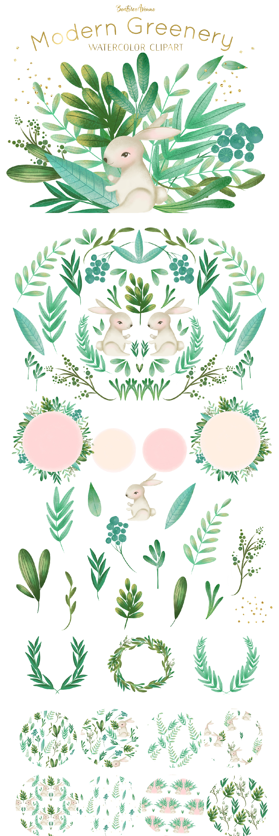 Modern greenery watercolor . Woodland clipart foliage