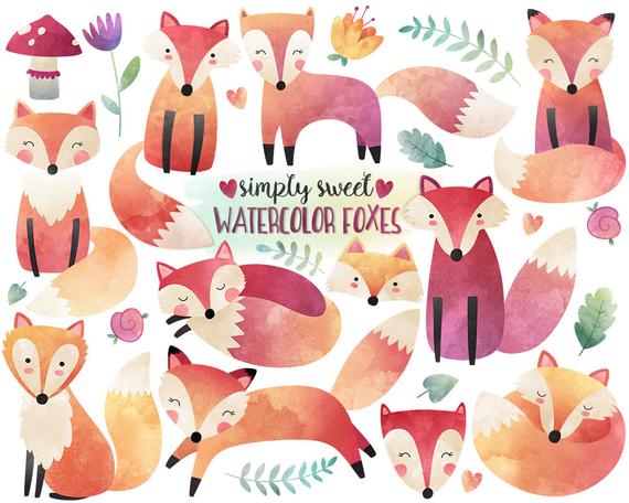 Woodland clipart renard. Watercolor fox illustration cute