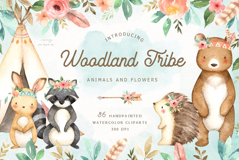 Woodland clipart woodland flower. Tribe watercolor clip art