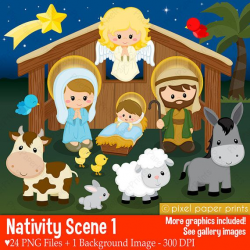 Nativity Scene 1 - Clip art and digital paper set - Nativity clipart ...