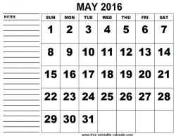 May 2016 calendar with Note - Printable Monthly Calendar