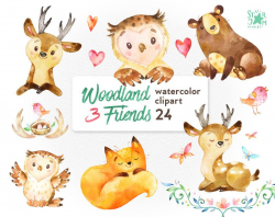 Woodland Friends 3. Watercolor animals clipart, fox, forest, deer ...