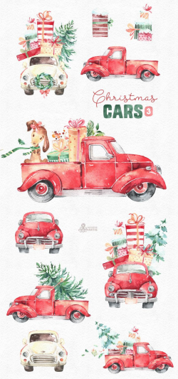 Christmas Cars 3. Watercolor holiday clipart, vintage, retro truck ...