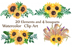 Watercolor sunflowers clipart by LeCoqD | Design Bundles