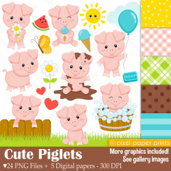 Cute Piglets Pig clipart Clip Art and Digital paper set
