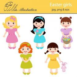 This cute Easter girls clipart set comes with 5 cliparts featuring 5 ...