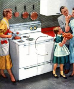 Clipart Picture: A Family From the 50's Around a Kitchen Stove