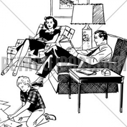 Family Relaxing In Livingroom, RetroClipArt.com