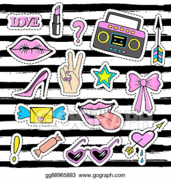 Vector Clipart - Cute fashion patch badges with lips, hand,tape ...